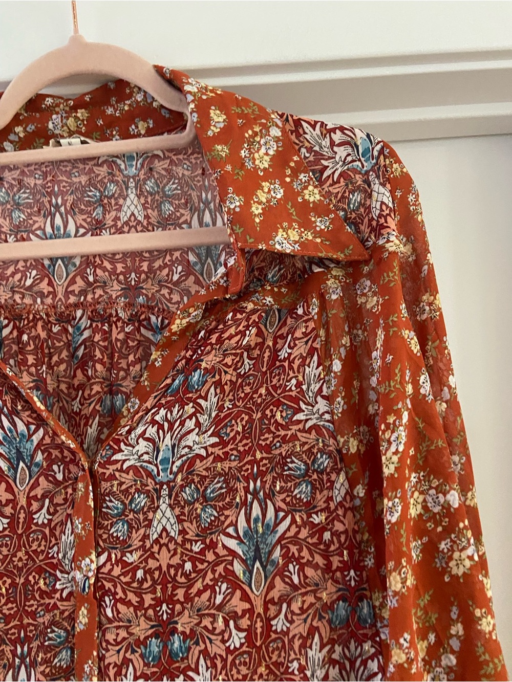 Umgee Rust Floral Button-Down Bell Sleeve Top - Picture 4 of 8